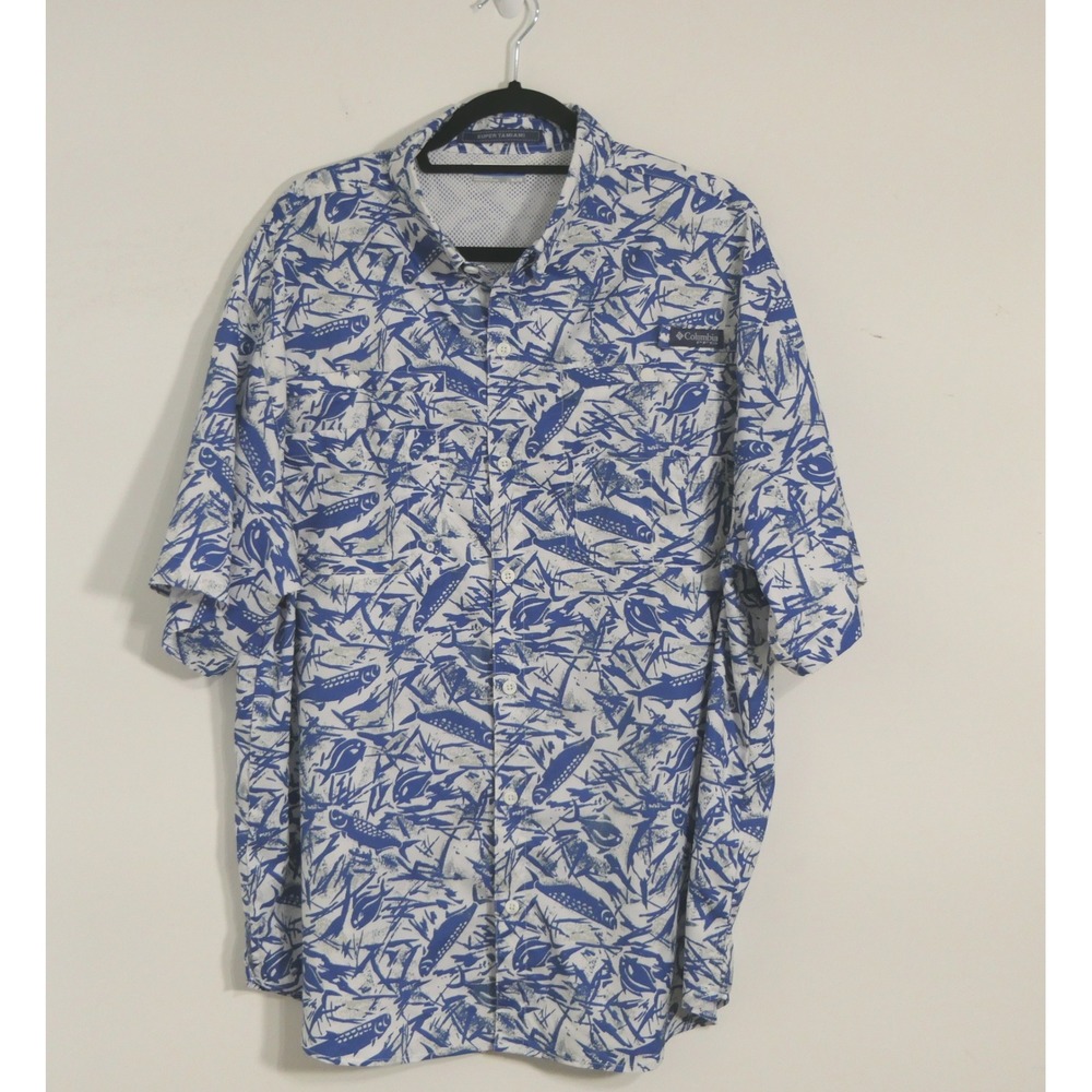 Columbia Mens Shirt Super Tamiami Fishing XL Blue White Fish Print PFG FM7189